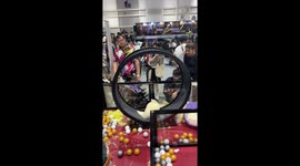 Albino skunk runs on giant hamster wheel at pet show
