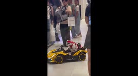 Cat rides electric toy car through crowds at a mall