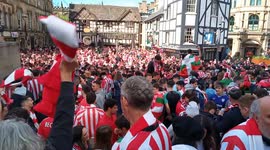 Supporters of Athletic Bilbao Football Club in lively mood before MUFC match, Europa League semi-final, Manchester, UK