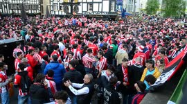 Supporters of Athletic Bilbao Football Club in lively mood before MUFC match, Europa League semi-final, Manchester, UK