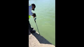 Worker retrieves phone dropped in river using long claw grabber pole