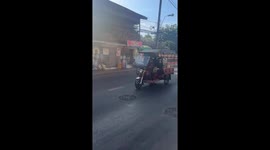 Pet dog strapped beside driver of moving three-wheeled vehicle