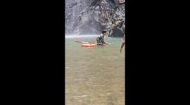 Pregnant barking deer rescued after falling from 110ft waterfall