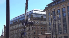 Prince Albert statue removal for the new george square renovation  today with the victoria statue its companion statue