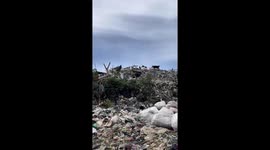Visitors pass by mountain of trash at landfill site where locals live