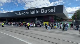 Switzerland: Fans gather outside St. Jakobshalle Basel ahead of Eurovision 2025 final