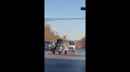 Dog stands on tricycle roof while another runs alongside