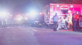 US, Los Angeles: Arcadia Semi Crashes Through Sound Wall Off The 210 Freeway