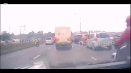 A Brookside truck moving at high speed crashes into a motorbike rider who was trying to maneuver through traffic in Nairobi. While most vehicles were either slowly moving or stuck in the jam, the truck suddenly plowed into the rider, causing a fatal impac