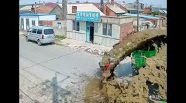 Elderly biker knocked over by flying cow manure after truck's sudden stop - local shops close due to stench