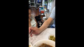 Dog begs for food by leaning on man in Liaoning, China