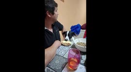 Dog stealthily takes bread in Santiago, Chile