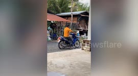 Golden Retriever hops to the front of motorcycle with man