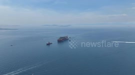 Türkiye: DRONE - Türkiye's first floating gas production unit Osman Gazi vessel sails through Bosphorus of Istanbul