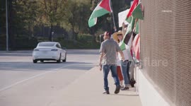 US, Los Angeles: Porter Ranch Free Palestine Banner Drop With Sound On Tape