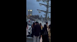 Sailors Dangle From Ship Mast During Bridge Crash