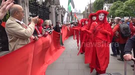 UK: Pro-Palestine protesters form red line outside UK parliament against arms sales to Israel