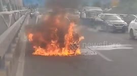 India: Car catches fire on Durgam Cheruvu Cable Bridge, traffic hit