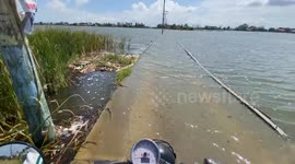 Motorcycle rider battles through flooded road during high tide