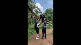 Hapless hiker gets stuck while posing for selfies on fallen tree