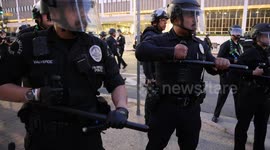 Protestors and journalists are detained in front of the Roybal Federal Building during Anti-ice Protest