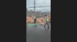 Police remove bottles of whiskey from truck crash scene
