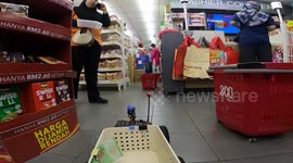 Shopper uses remote-controlled cart to collect his groceries