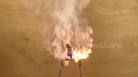Legoman Science - A pencil is connected to a car battery and burns up