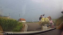 Ridiculously overloaded tricycle does wheelie without meaning to