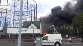 Close-up footage of the fire in Greenwich, London