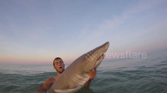 Man helps worn out shark get back into the sea after long fight with fisherman