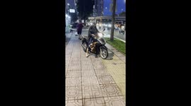Girl rides scooter on the pavement with her dog in Vietnam