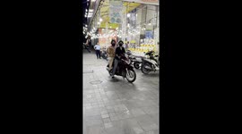 Two girls and a small dog riding a scooter through busy Vietnamese streets