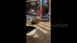 The middle-aged woman drove a toy tank boldly across the road