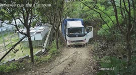 Hapless driver gets out of truck to clear obstruction... only for vehicle to roll backwards