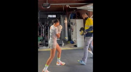 12 year old Valu doing pads with dad and dad forgets the combinations and daughter hits him in the face by accident