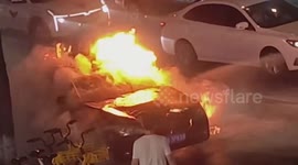 Fire trucks arrive to extinguish burning vehicle in Sichuan, China