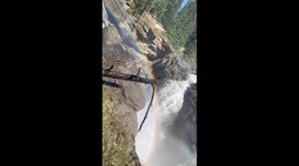 Double rainbow dances over Athabasca Falls in Jasper, Alberta, Canada