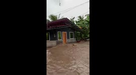 Muddy flash flood surges through street stranding locals