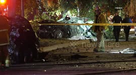 US, Los Angeles: Van Nuys Car Splits in Half Catches Fire in Fatal Crash