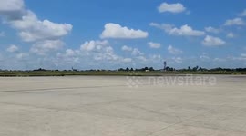Airport runway shut after military plane’s nose gear collapses on runway