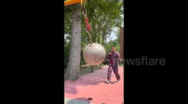 Elderly martial artist hurls himself into swinging 320kg stone ball to train his core