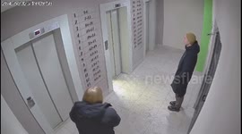 Pug rushes toward dog inside elevator in Tomsk, Russia