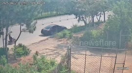 Woman on electric bike crashes into parked car in Shandong, China