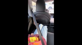 Backseat passenger pranks driver by taking his seatbelt in Boston, Massachusetts, USA