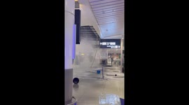 Water leaks from collapsed ceiling at airport amid heavy rain
