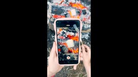 A person records a video of a marshmallow roasting over glowing campfire embers using a smartphone.