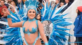 Video of Traditional annual Estarreja samba carnival in Portugal. Costume music dance festival for adults samba dance. Close up on women dancing samba