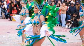 Video of Traditional annual Estarreja samba carnival in Portugal. Costume music dance festival for adults samba dance. Close up on women dancing samba