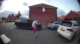 Dad hides behind a car and surprises daughter with a startling scream